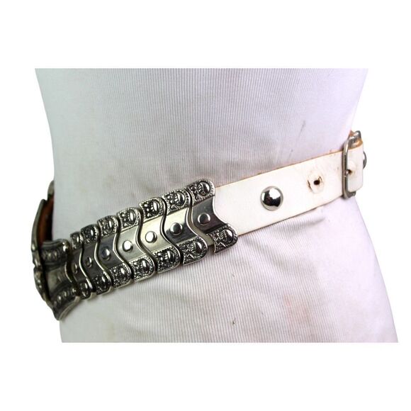 EMBELLISHED WHITE REAL LEATHER METAL 1 1/8"Wd DRESS CASUAL WOMEN'S BELT S (A73 - Picture 6 of 11